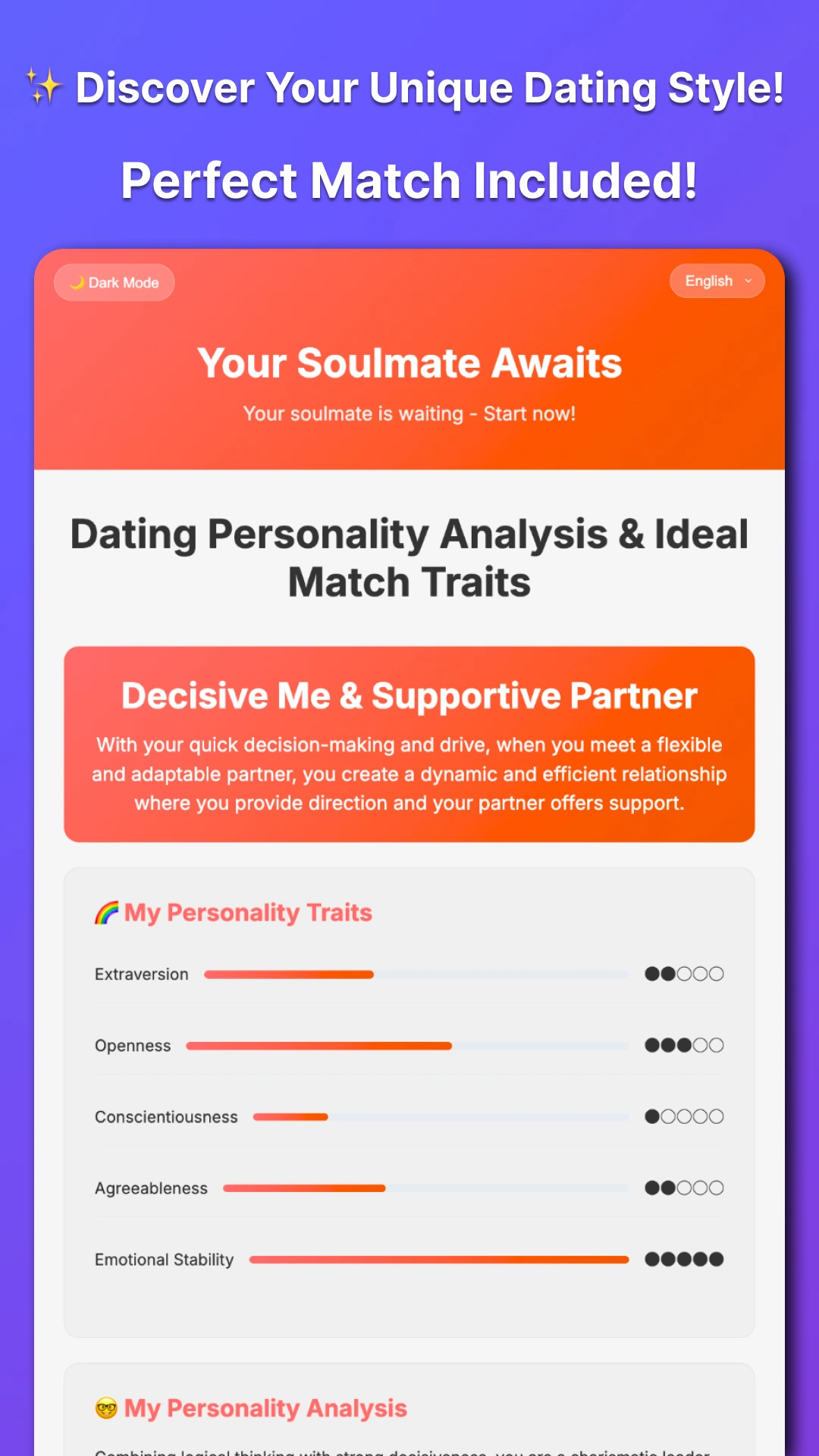 Results preview — visualized five traits and interpretation layout.