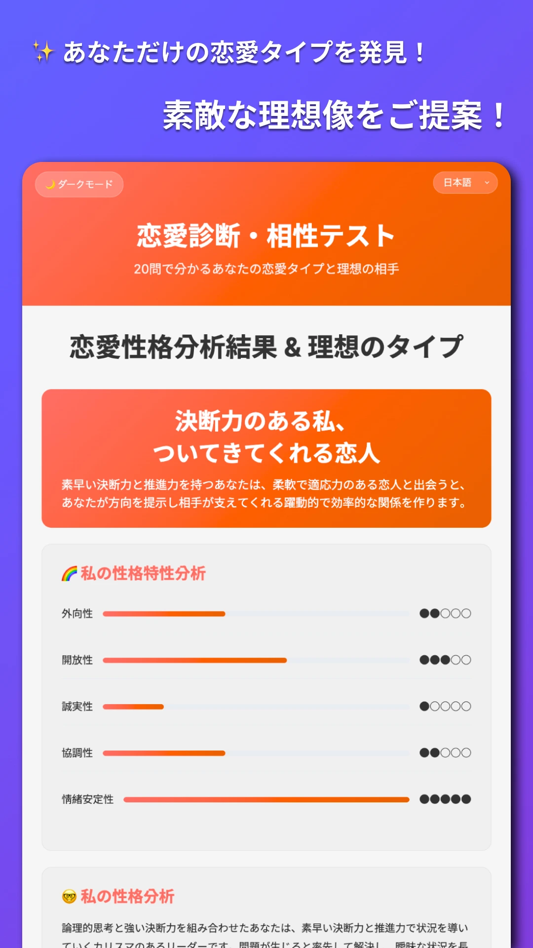結果レポートの例 — 5つの性格特性（外向性・開放性・誠実性・協調性・情緒安定性）の可視化と解説プレビュー