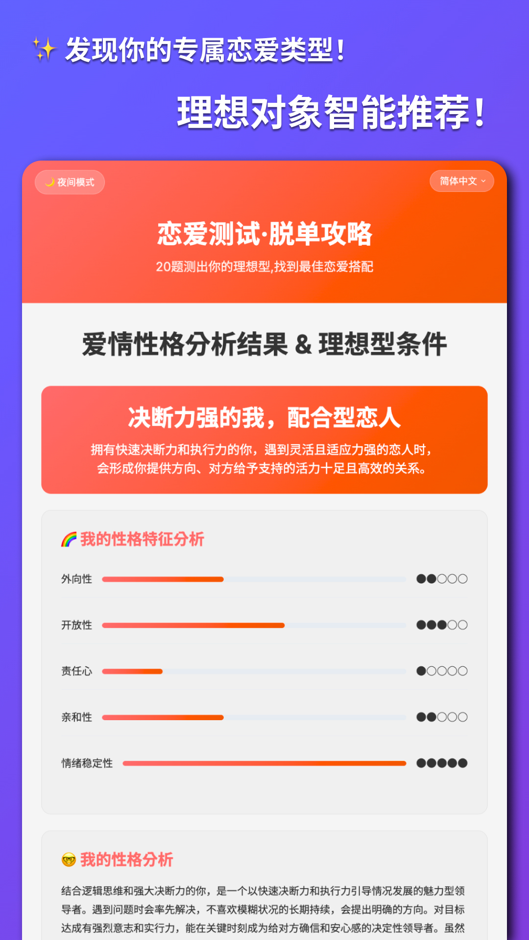 测试结果示例——五大性格维度（外向性、开放性、责任心、亲和力、情绪稳定性）的可视化分析与解读