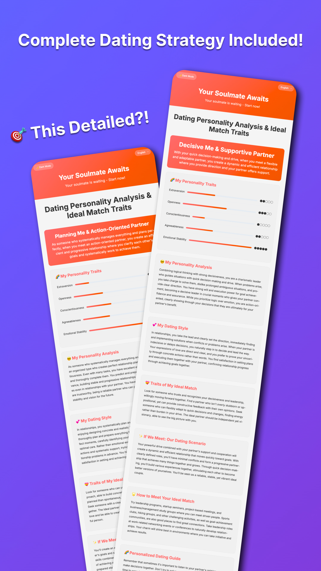 Preview of the Ideal Match section — compatibility traits and complementing points.