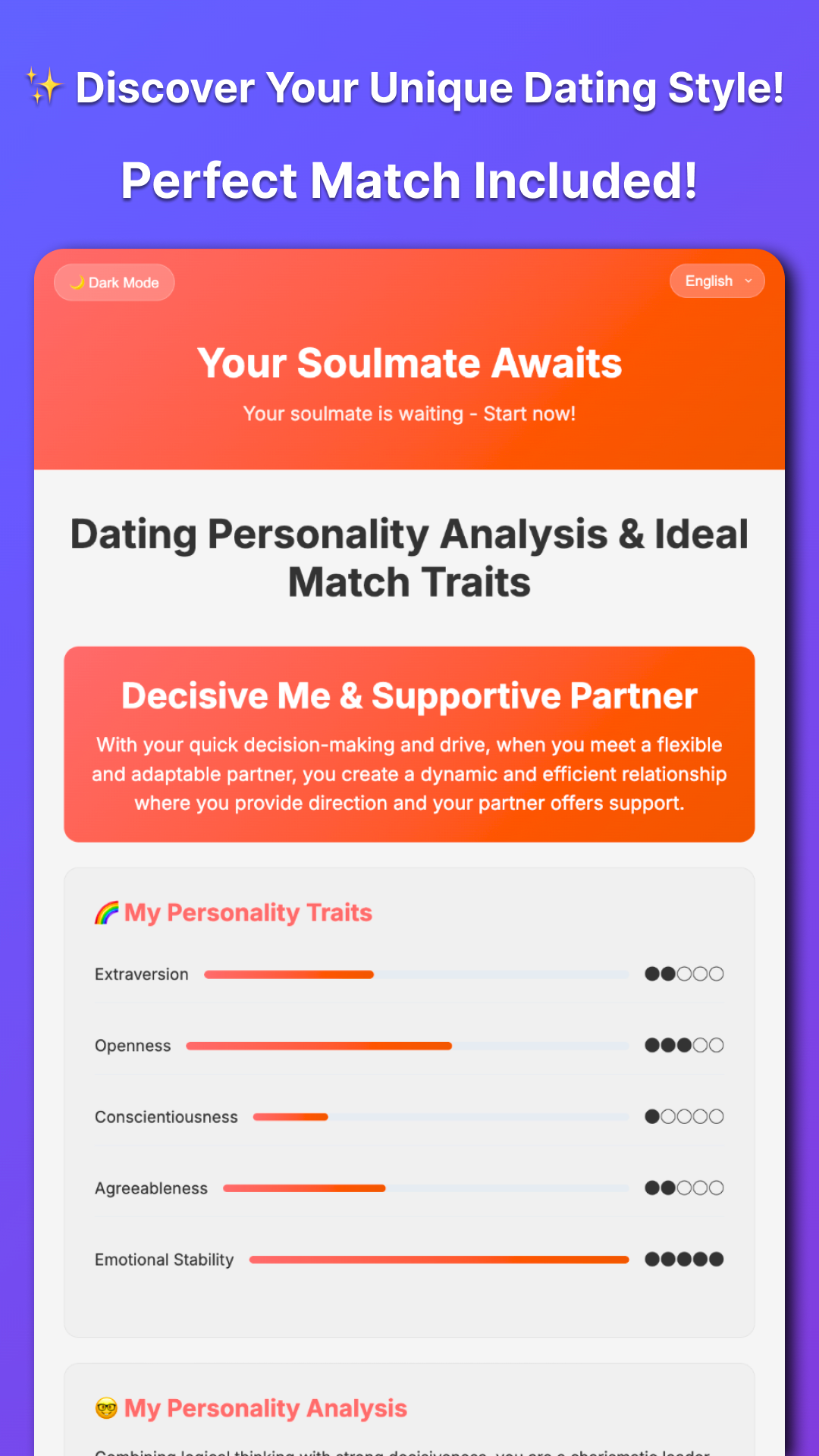 Personalized love style analysis: Visual breakdown of 5 core traits and scores.