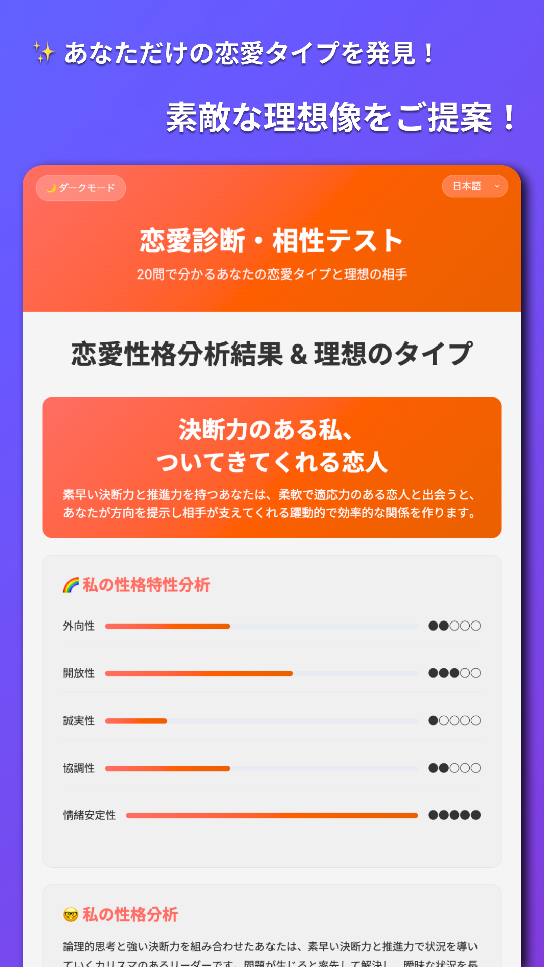 パーソナル恋愛スタイル分析:5つの性格特性のスコアとビジュアル結果レポート